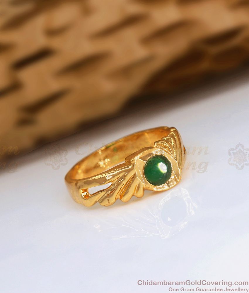 Cute Flower Design Finger Ring with Green Stone - South India Jewels
