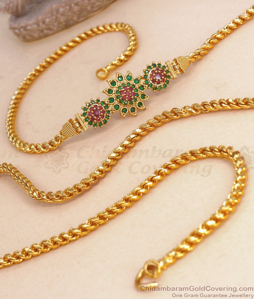 Trendy 1 Gram Gold Mugappu Triple Flower Design Emerald Stone MCH1152