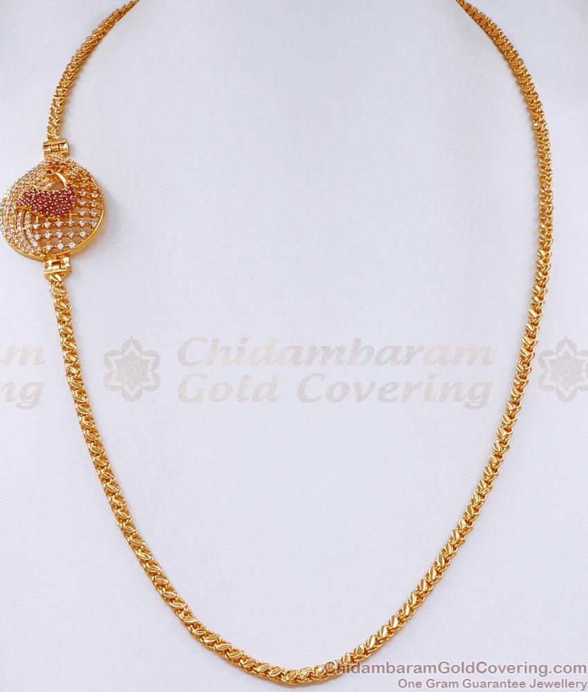 Big Ruby White Stone Peacock Side Pendant Gold Thali Chain For Women MCH1428