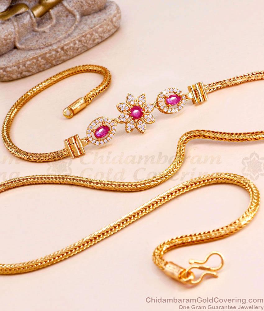 22Kt Gold Fancy Mugappu Cz Stone Side Pendant Chain MCH1455