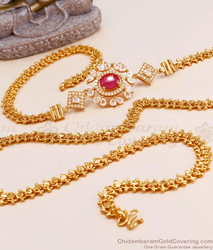 Trendy Big Ruby Stone Diamond Mugappu Gold Thali Chain MCH1508