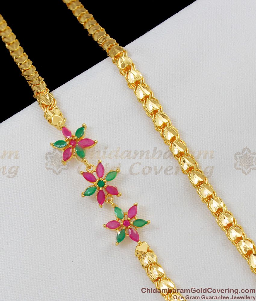 30 inches Long Amazing Pink And Green Stone Gold Inspired Thick Mopu Thali Saradu Chain MCH273