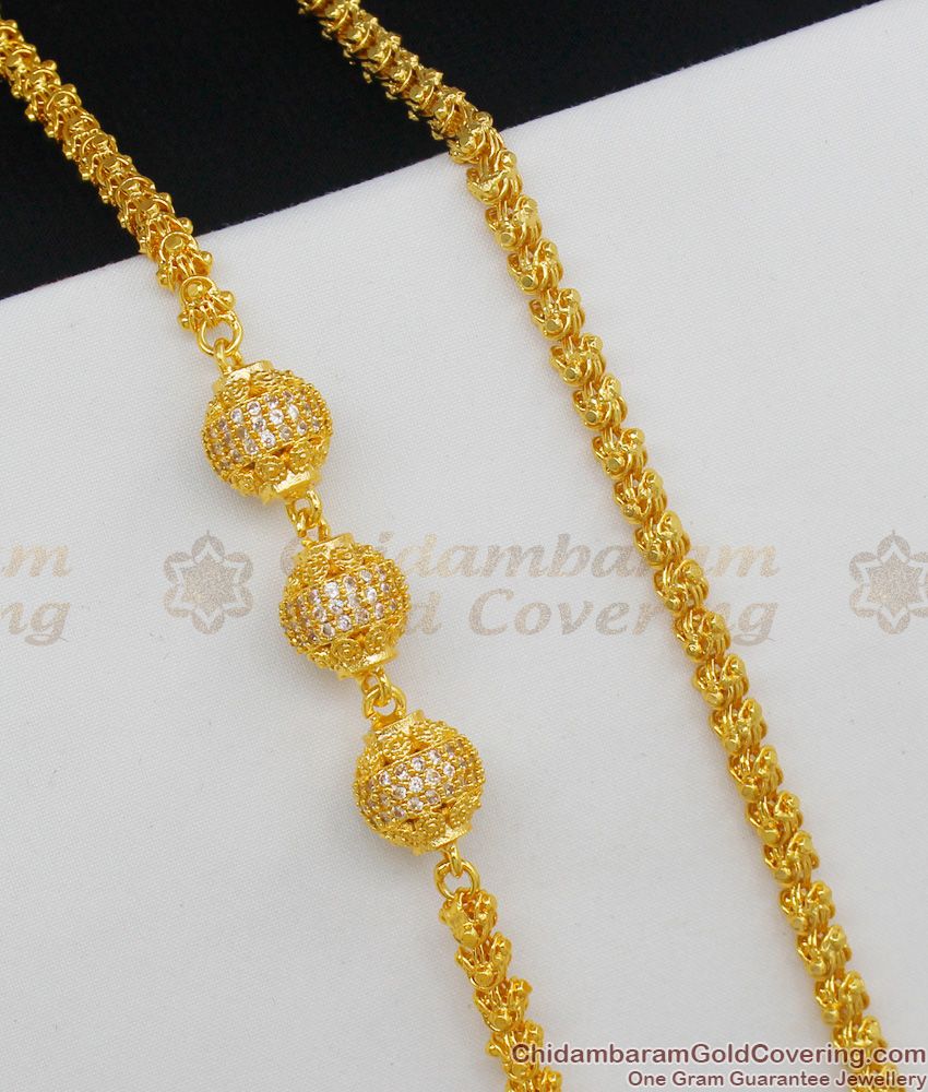 Grand Gold Finish AD Stone Filled Triple Balls Thick Mogappu Thali Chain Collections MCH324