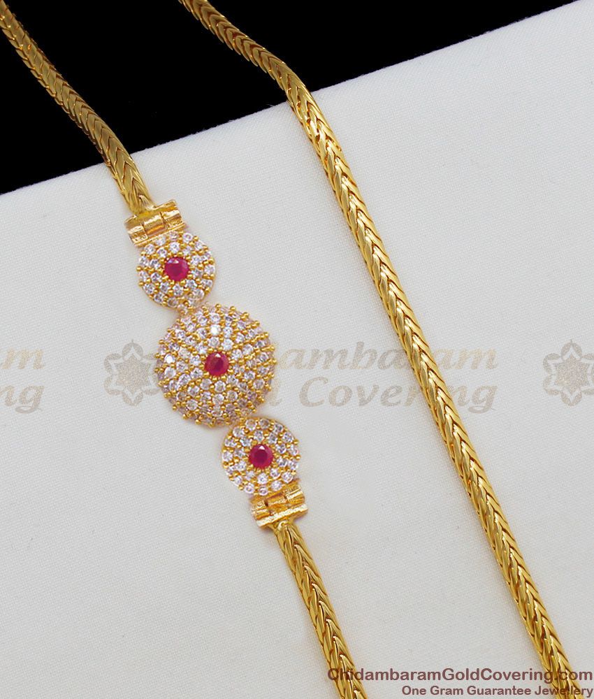 Stunning White AD Stone Three Circle Design Side Pendant With Single Ruby Stone Mopu Chain MCH404