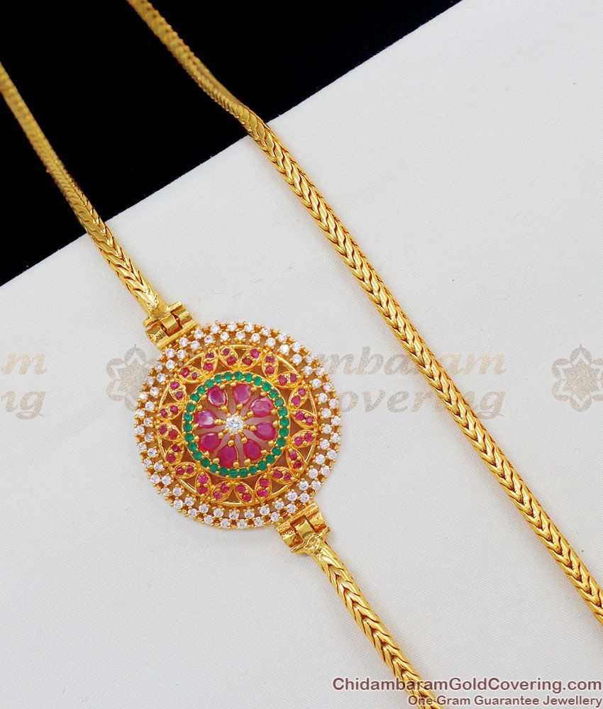 30 Inches Long Grand Big Circle Design Gold Plated Mugappu Chain With Multi Stones MCH415