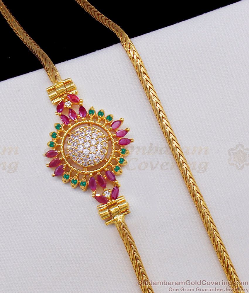 Trendy Flower Designed AD Stone Side Pendant Mugappu Thali Chain MCH672