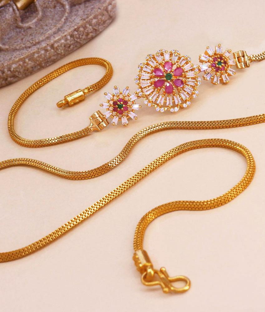 Buy Latest Gold Imitation Mugappu Chain Cz Stone Floral Designs MCH1300