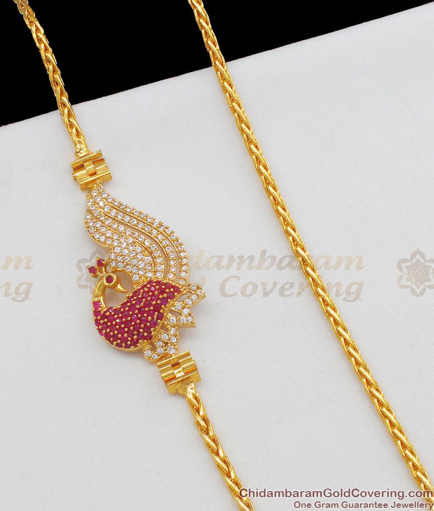 30 inches Long Full Ruby Stone Peacock Side Pendant Mugappu Chain MCH438