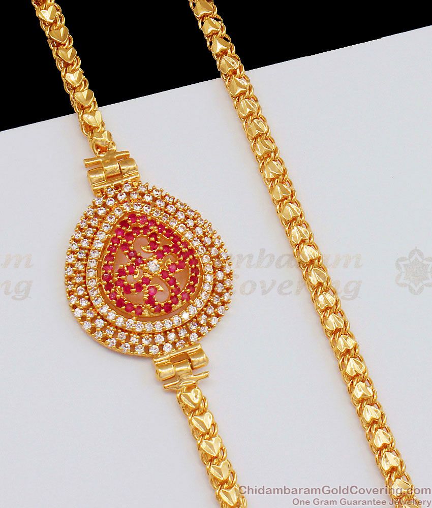 Stunning Ruby White Stone Gold Mugappu Design Side Pendant Chain MCH637