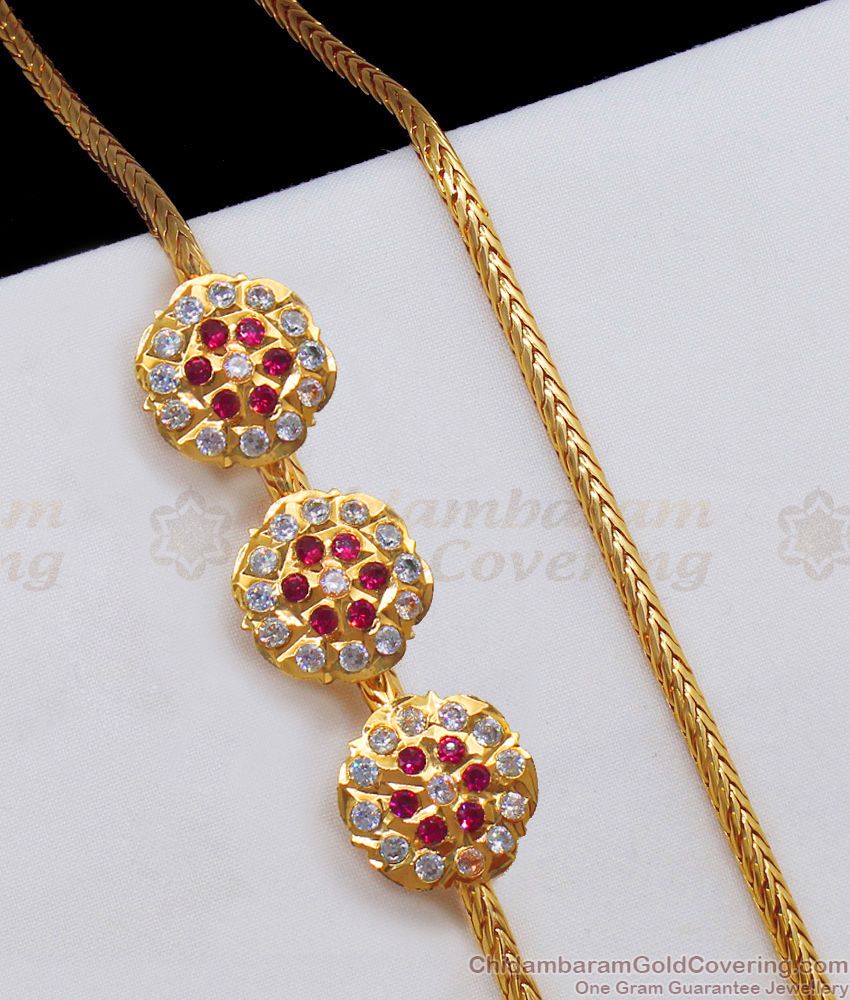 Triple Flower Design AD Ruby White Stone Impon Mugappu Chain MCH919