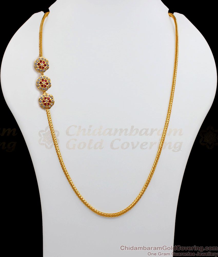 Triple Flower Design AD Ruby White Stone Impon Mugappu Chain MCH919