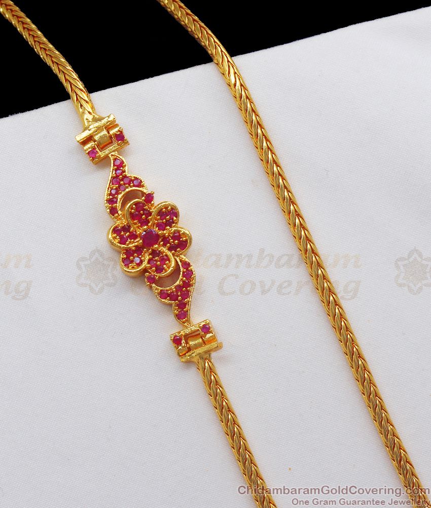 Flourish Flower Design Ruby Stone Gold Side Pendant Chain MCH937