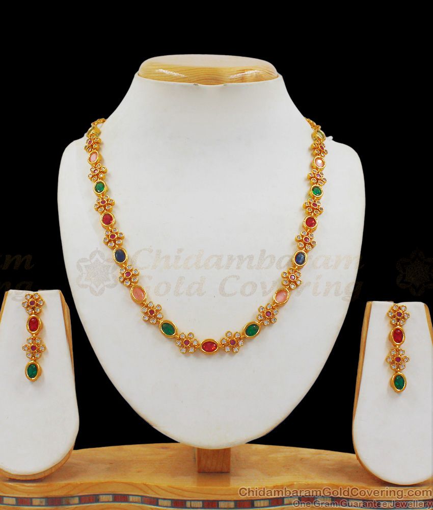 Colourful Polki Stone One Gram Gold Necklace Set For Bridal Wear NCKN2010