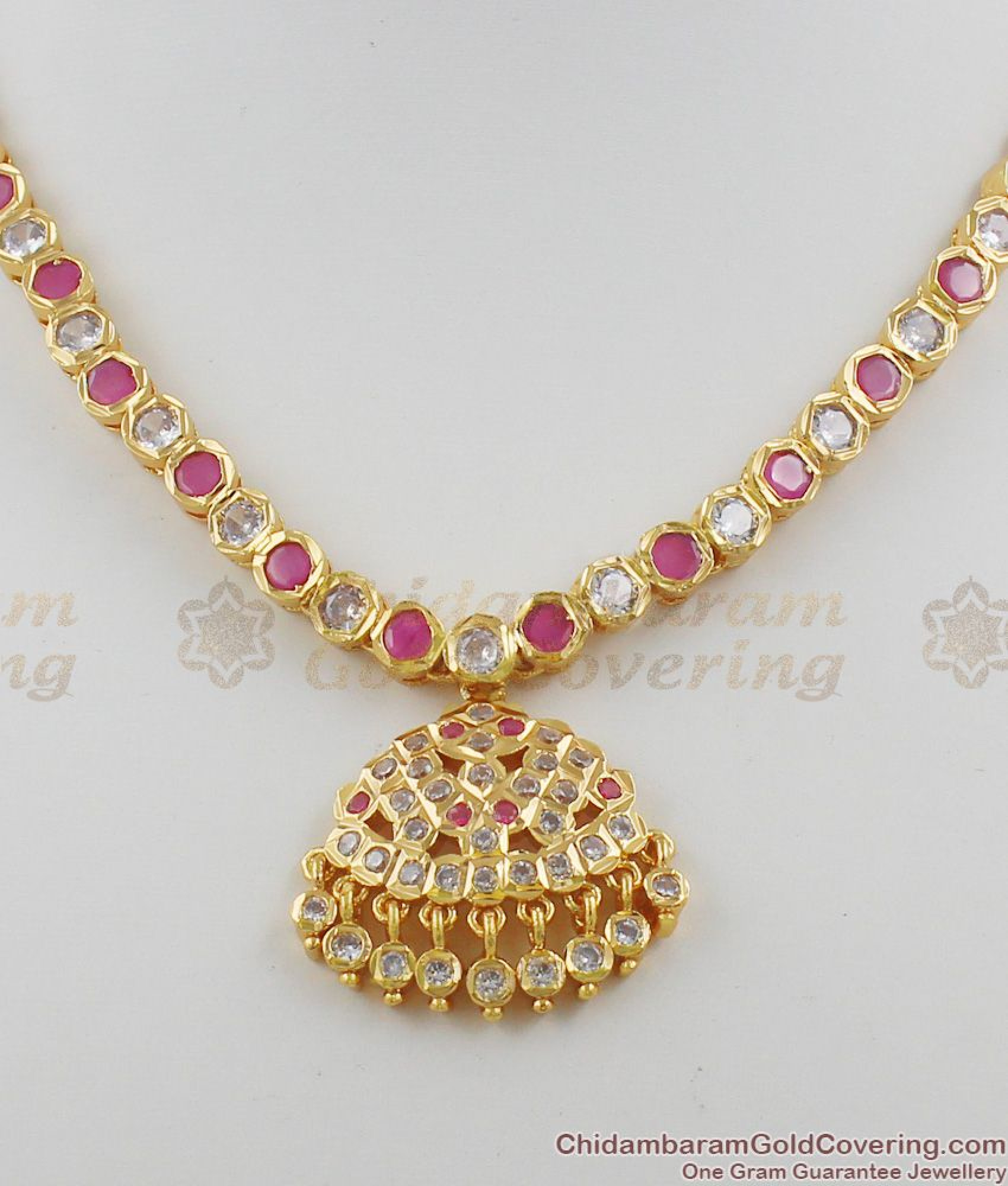 Five Metal Pink And White Stone Gold Impon Attigai Necklace Dollar Design Nckn1110 4608