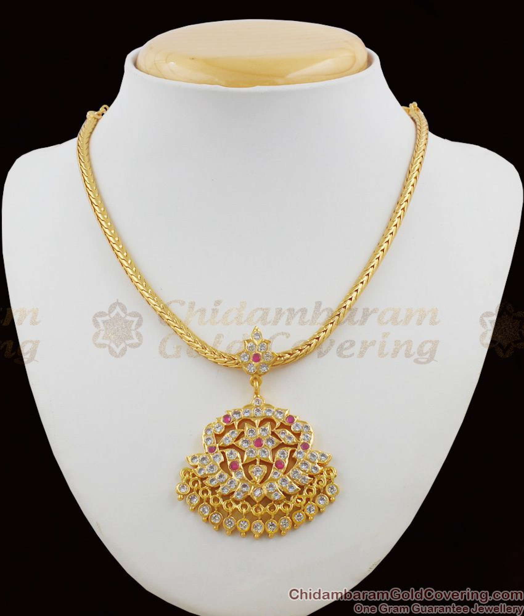 Traditional AD Ruby Stone Impon Attigai Necklace Swan Design Gold ...