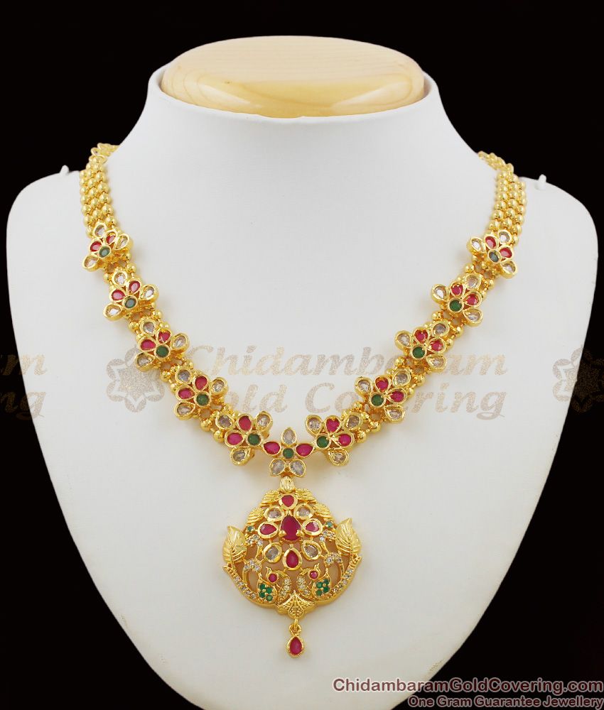 Multi Color Stone Kundun Peacock Design Gold Plated Necklace Bridal Jewelry NCKN1136