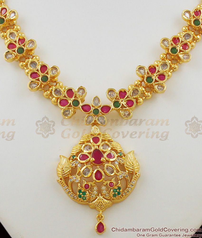 Multi Color Stone Kundun Peacock Design Gold Plated Necklace Bridal Jewelry NCKN1136