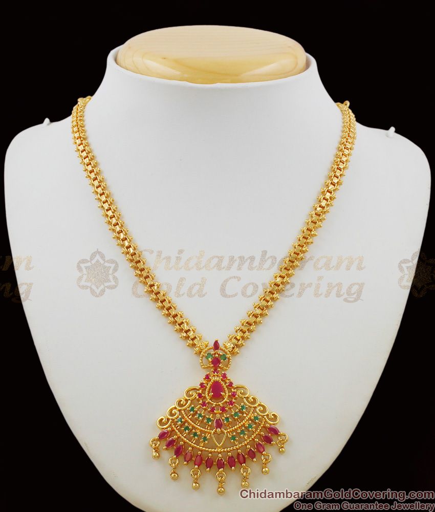 Fascinating Ruby Emerald Kundun Pattern Gold Necklace Set Bridal Jewelry NCKN1138