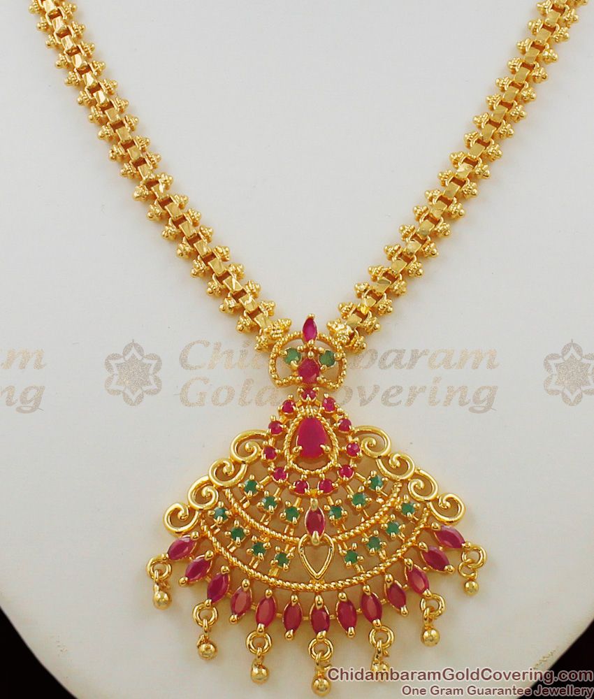 Fascinating Ruby Emerald Kundun Pattern Gold Necklace Set Bridal Jewelry NCKN1138