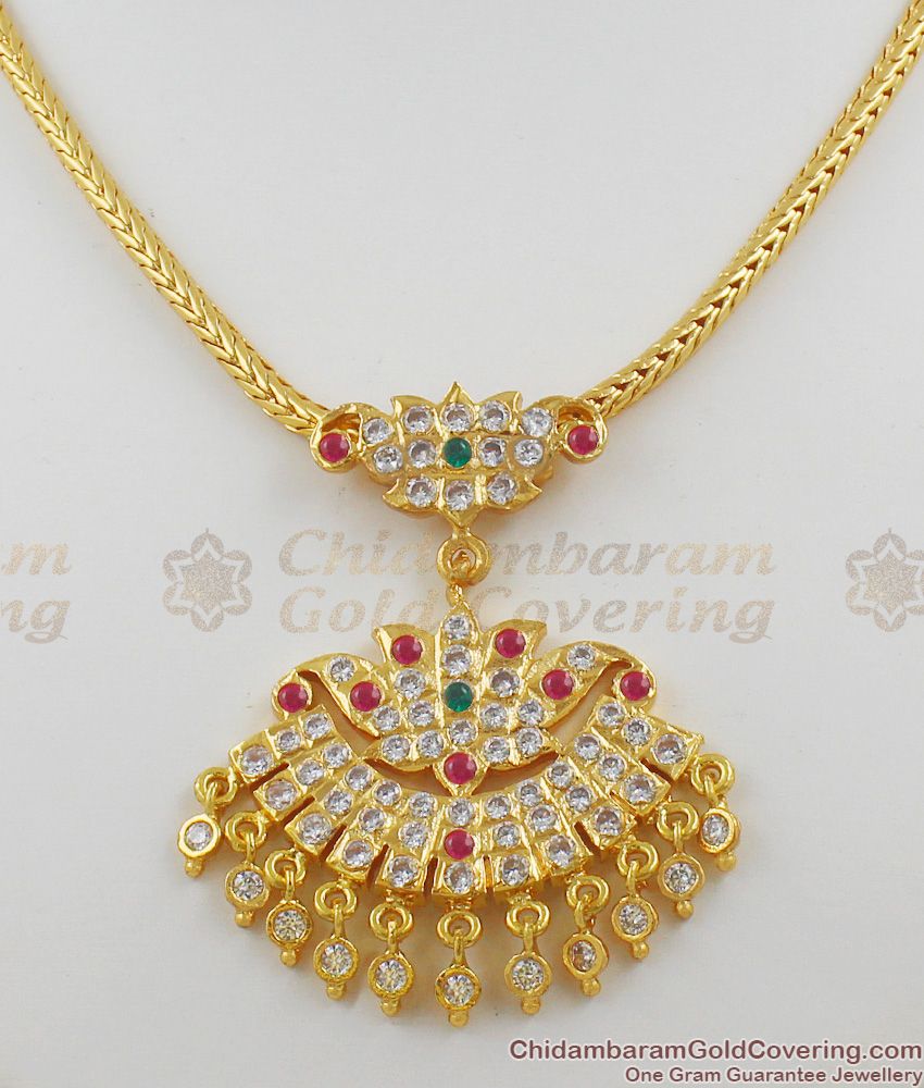 Traditional Multi Stone Impon Attigai Necklace Lotus Design Gold Dollar Chain NCKN1153