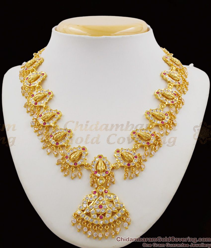 Traditional Lakshmi Pattern Impon Grand Pink White Gati Stones Attigai Necklace NCKN1177