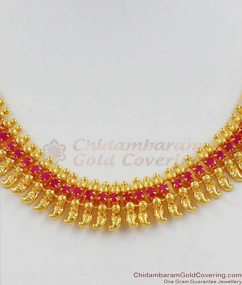 Mango Pattern Full Ruby Stone Gold Plated Close Necklace Collections NCKN1243