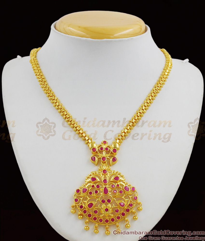 Peacock Design Full Ruby Stone Short Necklace Chain For Ladies Party Wear Jewelry NCKN1259