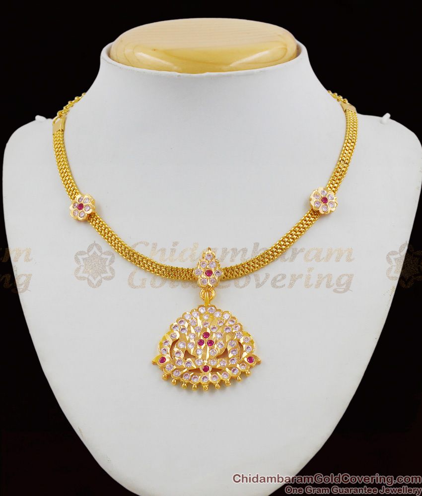 Gold Plated Ayimpon Attigai Necklace Flower Design With Multi Color Stones For Ladies NCKN1262