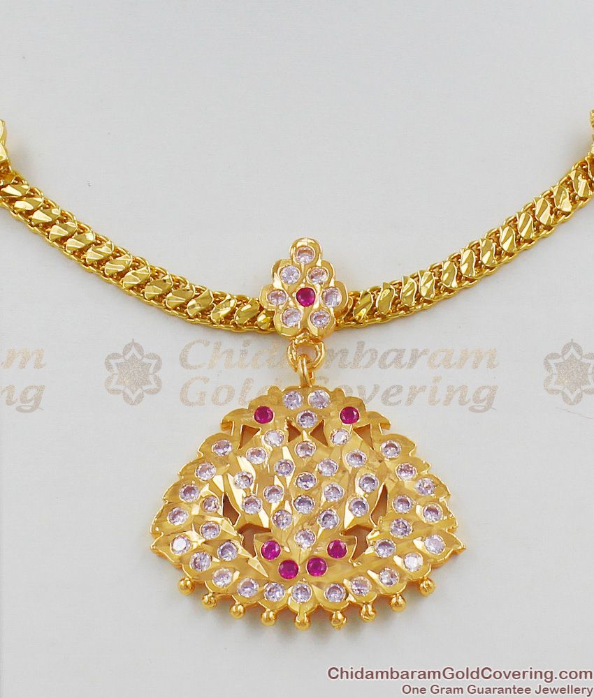 Panchaloga Gold Attigai With Pink And White Stone Small Dollar Chain Model Necklace NCKN1263