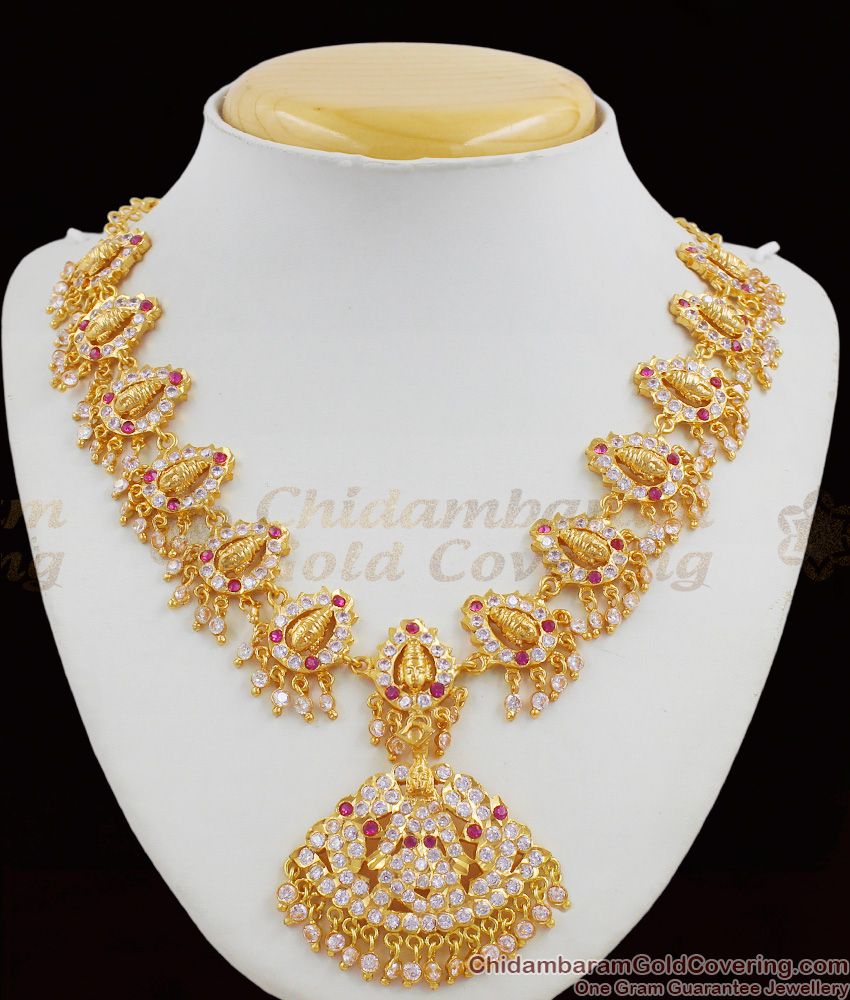 Lakshmi Pattern Grand Full White And Pink Gati Stones Gold Ayimpon Attigai For Womens NCKN1269