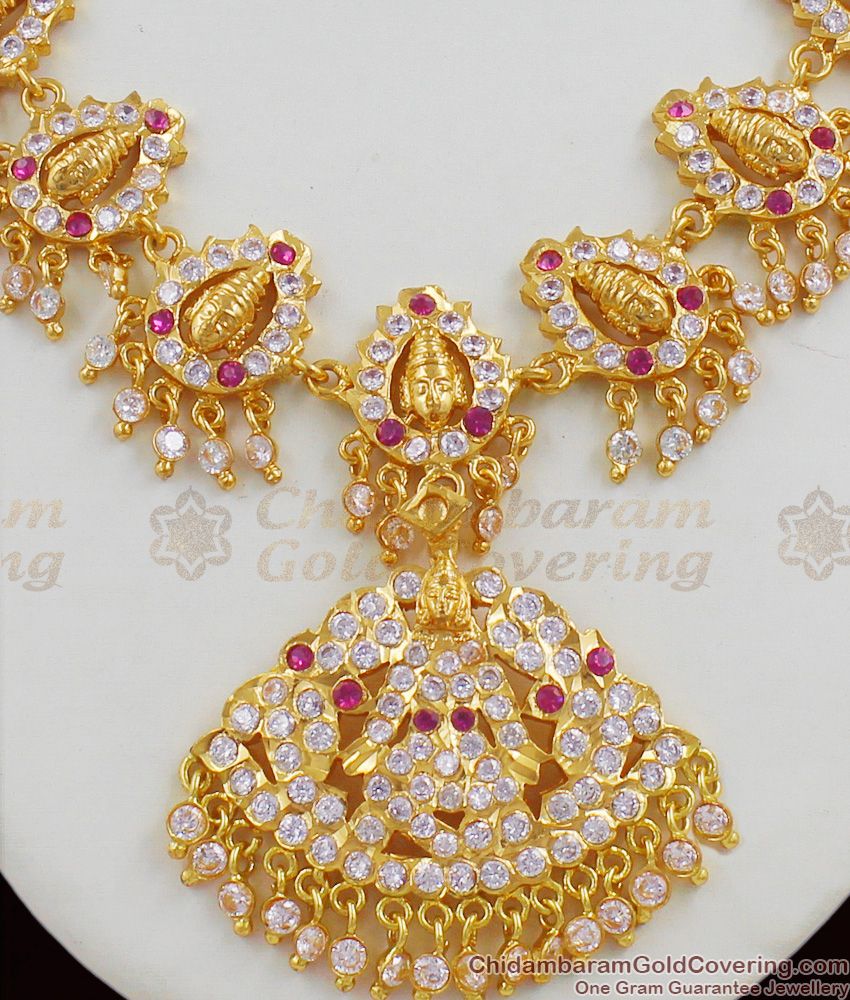 Lakshmi Pattern Grand Full White And Pink Gati Stones Gold Ayimpon Attigai For Womens NCKN1269