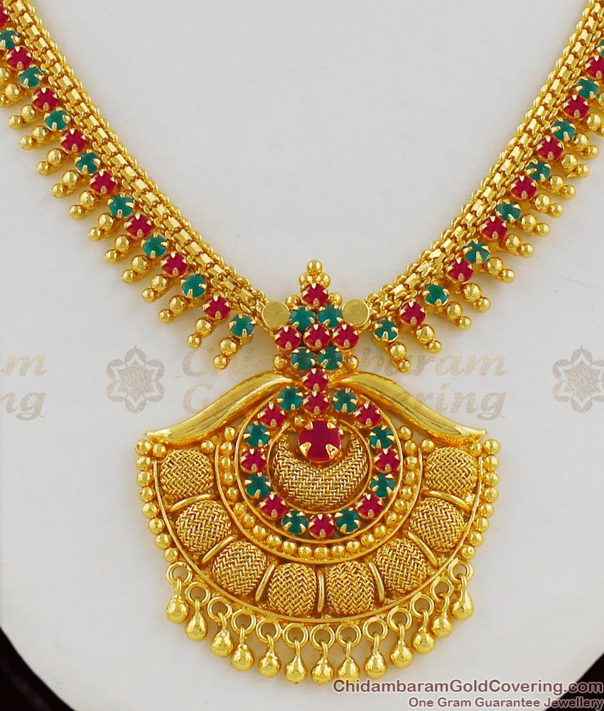 Grand Ruby Emerald Stone Kerala Gold Design First Quality Necklace Bridal Collection NCKN1338