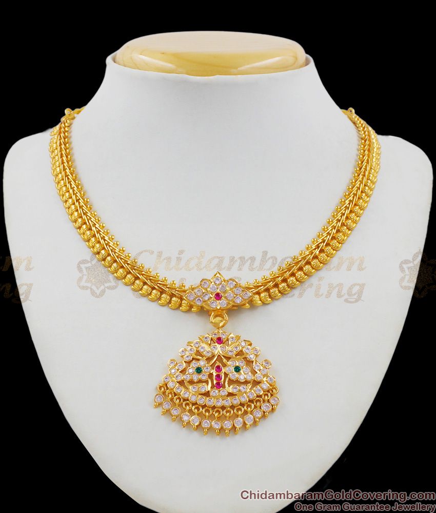 Traditional Lotus Model Gold Impon Multi Color Stones Necklace Collections NCKN1371