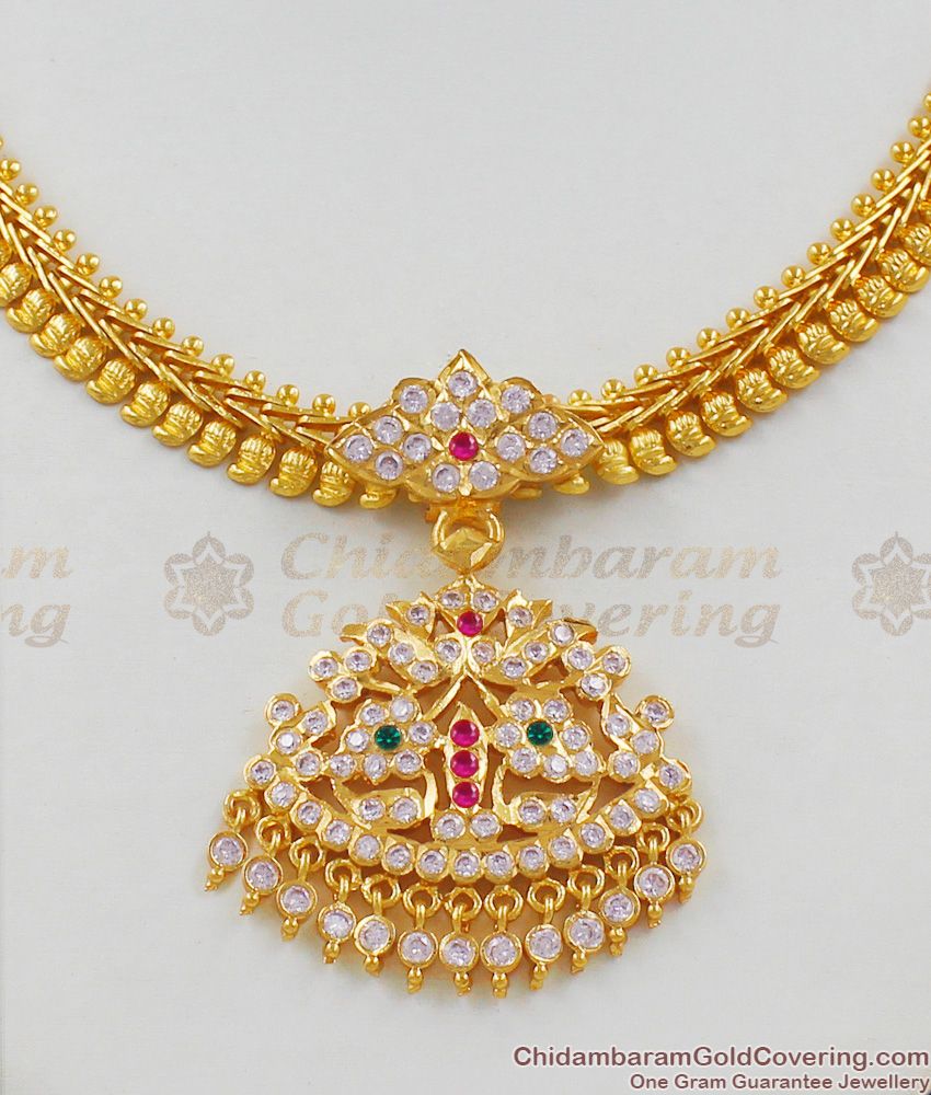 Traditional Lotus Model Gold Impon Multi Color Stones Necklace Collections NCKN1371