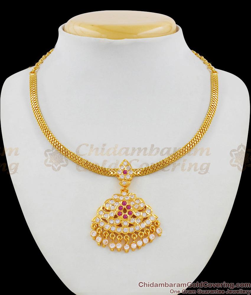 Real Gold Attigai Design Handmade Five Metal Impon Necklace With Multi Stones NCKN1433