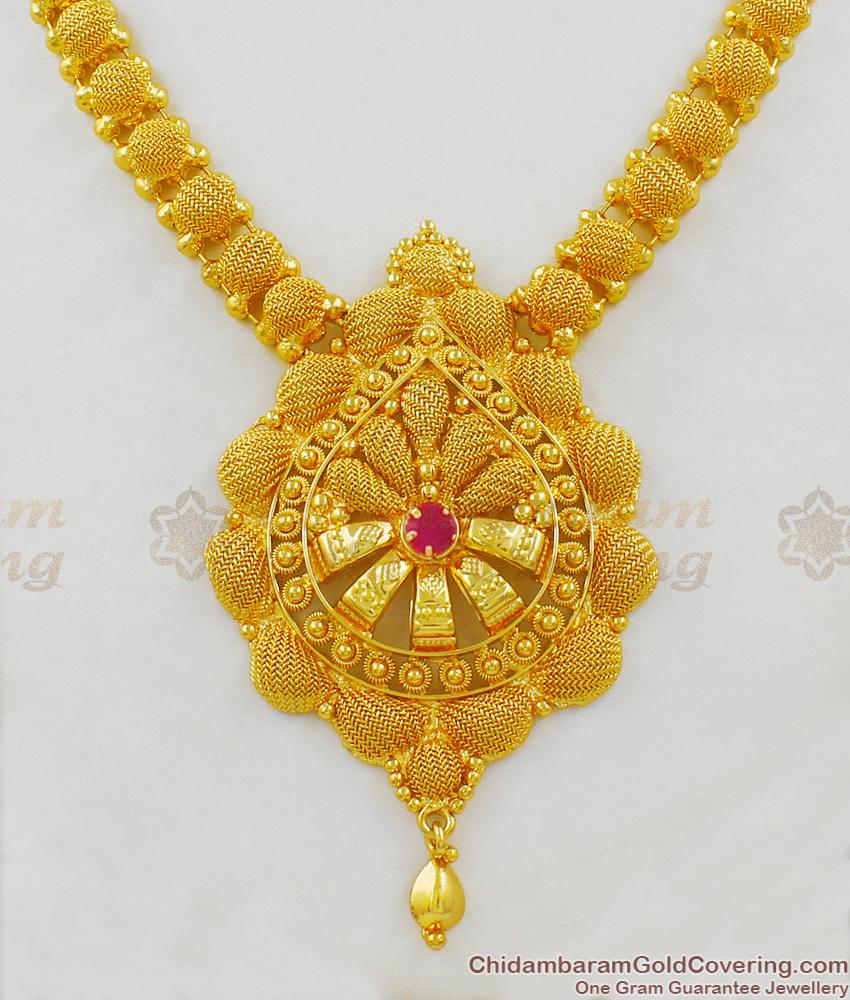 Dazzling Single Ruby Stone One Gram Gold Traditional  Necklace for Functions NCKN1440