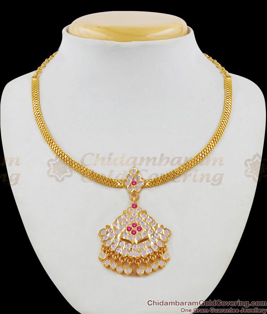 Stylish Impon Attigai Gold Necklace Ruby White Stones Jewellery NCKN1515