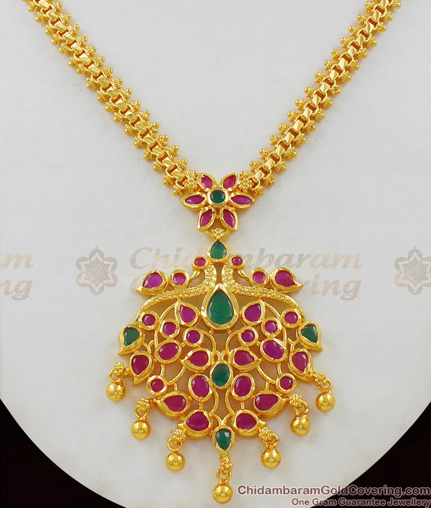 Attractive Peacock Feather Ruby Emerald Stone Dollar Gold Chain Necklace NCKN1524