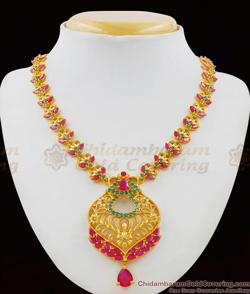 Attractive Ruby Emerald Stone Flower Dollar Gold Necklace NCKN1534