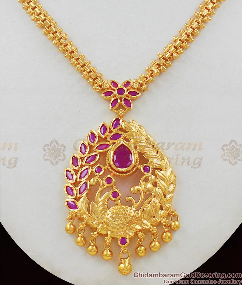 Trendy Peacock Feather Ruby Stone Doller Gold Plated NecklaceNCKN1535