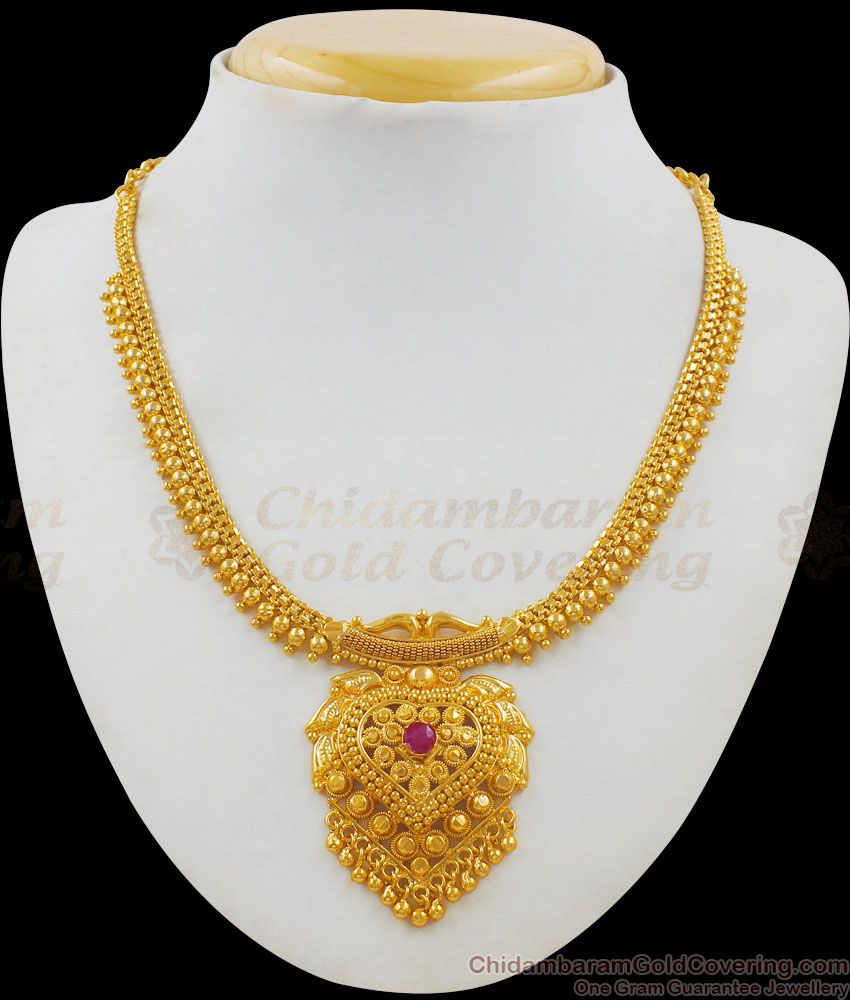 Fashionable Single Ruby Stone Gold Plated Bridal Necklace South Indian Design NCKN1690