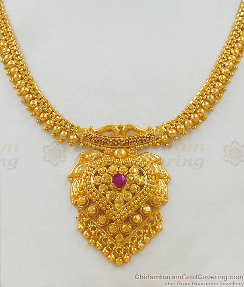 Fashionable Single Ruby Stone Gold Plated Bridal Necklace South Indian Design NCKN1690