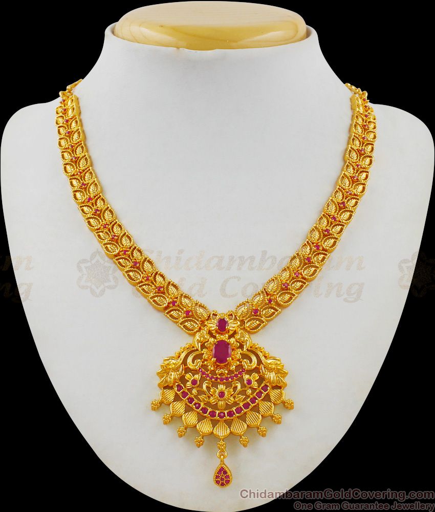 CZ Ruby Stone Leaf Design Kerala Necklace Patterns for Marriage Functions NCKN1699