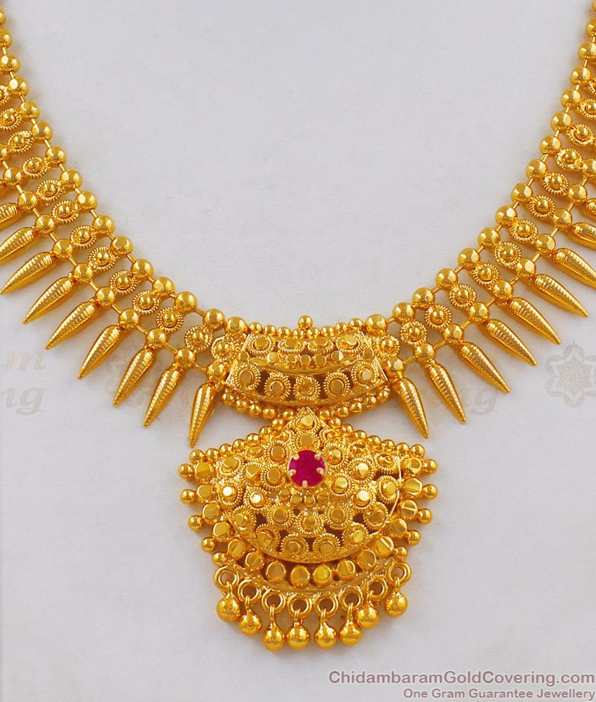 Grand Gold Single Ruby Stone Mullaipoo Necklace Kerala Jewelry NCKN1709