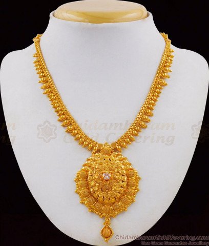 Grand Gold Single White Stone Mullaipoo Necklace Kerala Jewelry NCKN1708