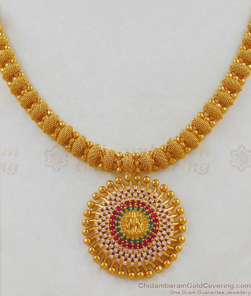 Grand CZ Stone Lakshmi Dollar Type One Gram Gold Traditional  Necklace  NCKN1733