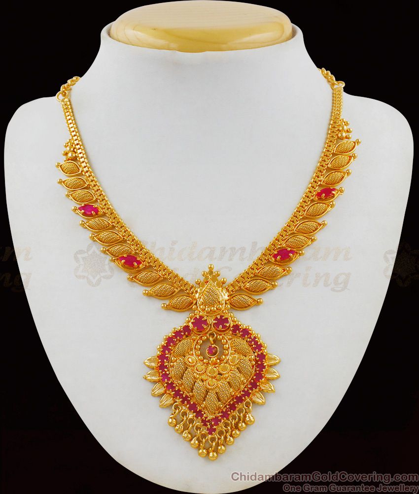 Iconic Full Ruby Stone Leaf Necklace For Engagement Function NCKN1761