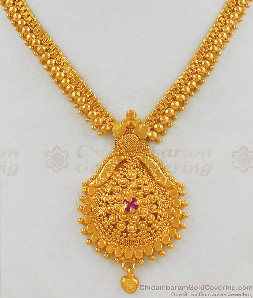 Single Ruby Stone Gold Plated Bridal Necklace South Indian Design NCKN1771