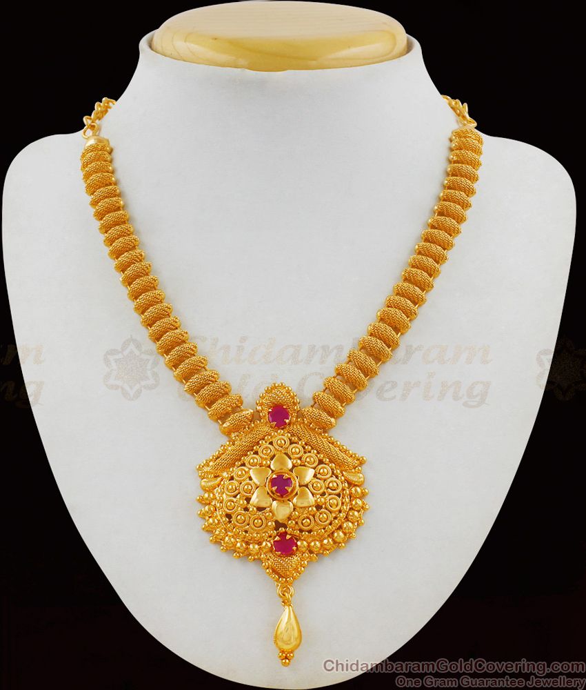 Trendy Ruby Stone Kerala Design Gold Necklace For Women NCKN1777