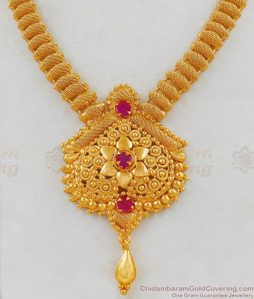 Trendy Ruby Stone Kerala Design Gold Necklace For Women NCKN1777